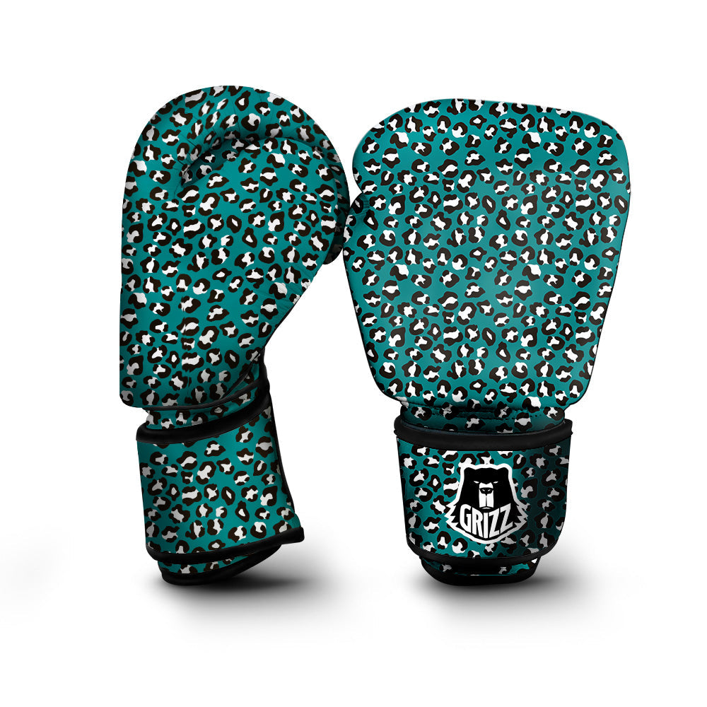 Teal Leopard Print Pattern Boxing Gloves-grizzshop
