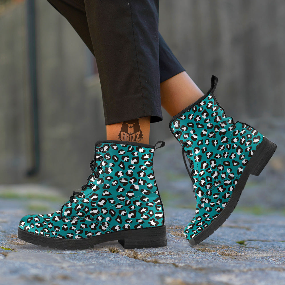 Teal Leopard Print Pattern Leather Boots-grizzshop