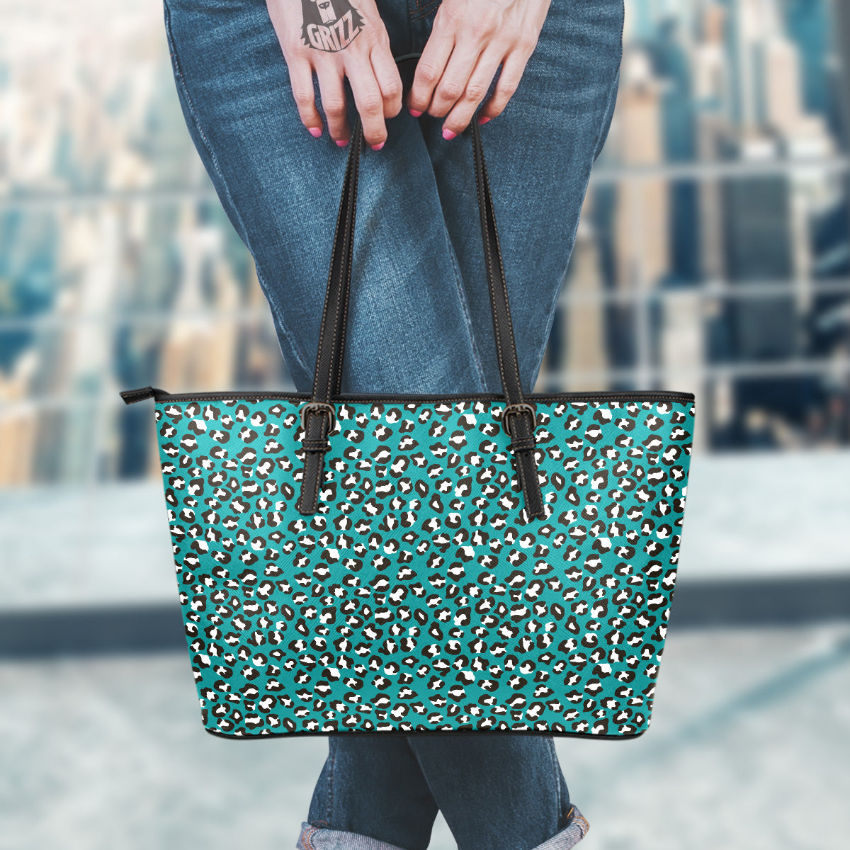 Teal Leopard Print Pattern Leather Tote Bag-grizzshop