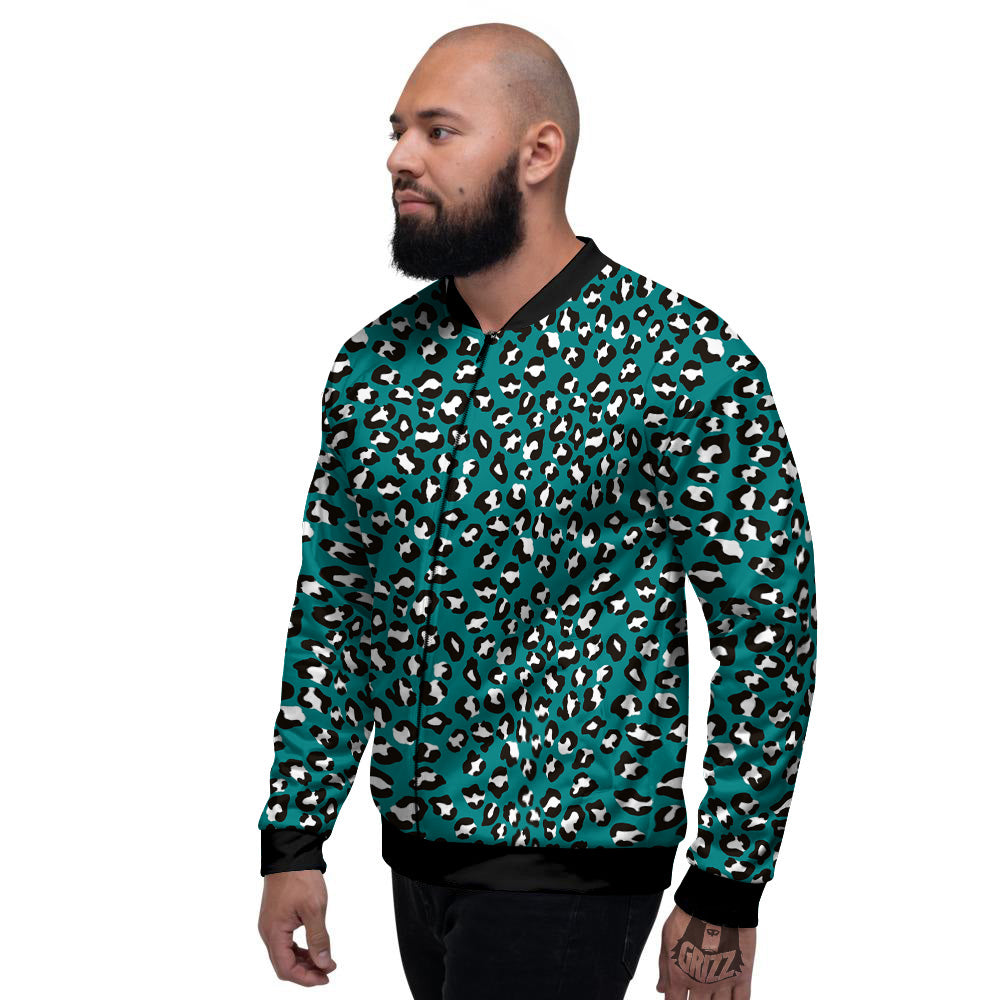 Teal Leopard Print Pattern Men's Bomber Jacket-grizzshop