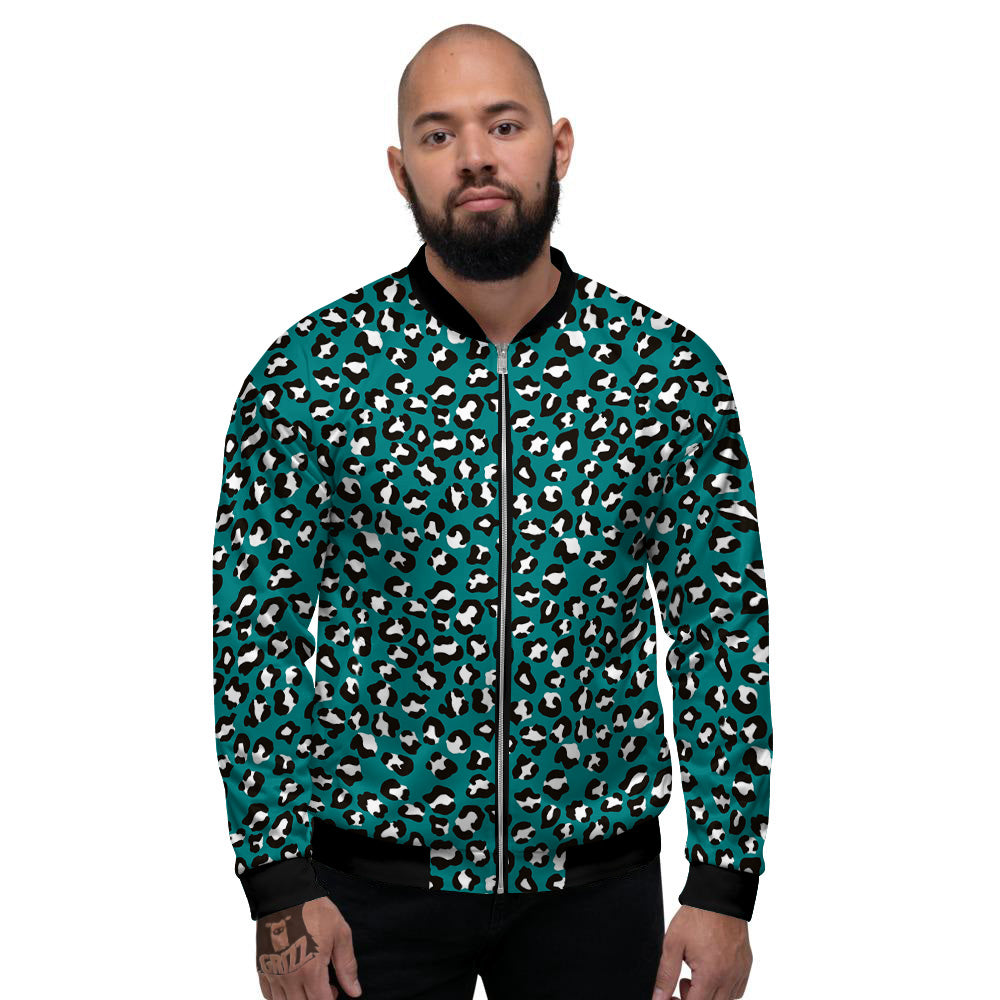 Teal Leopard Print Pattern Men's Bomber Jacket-grizzshop