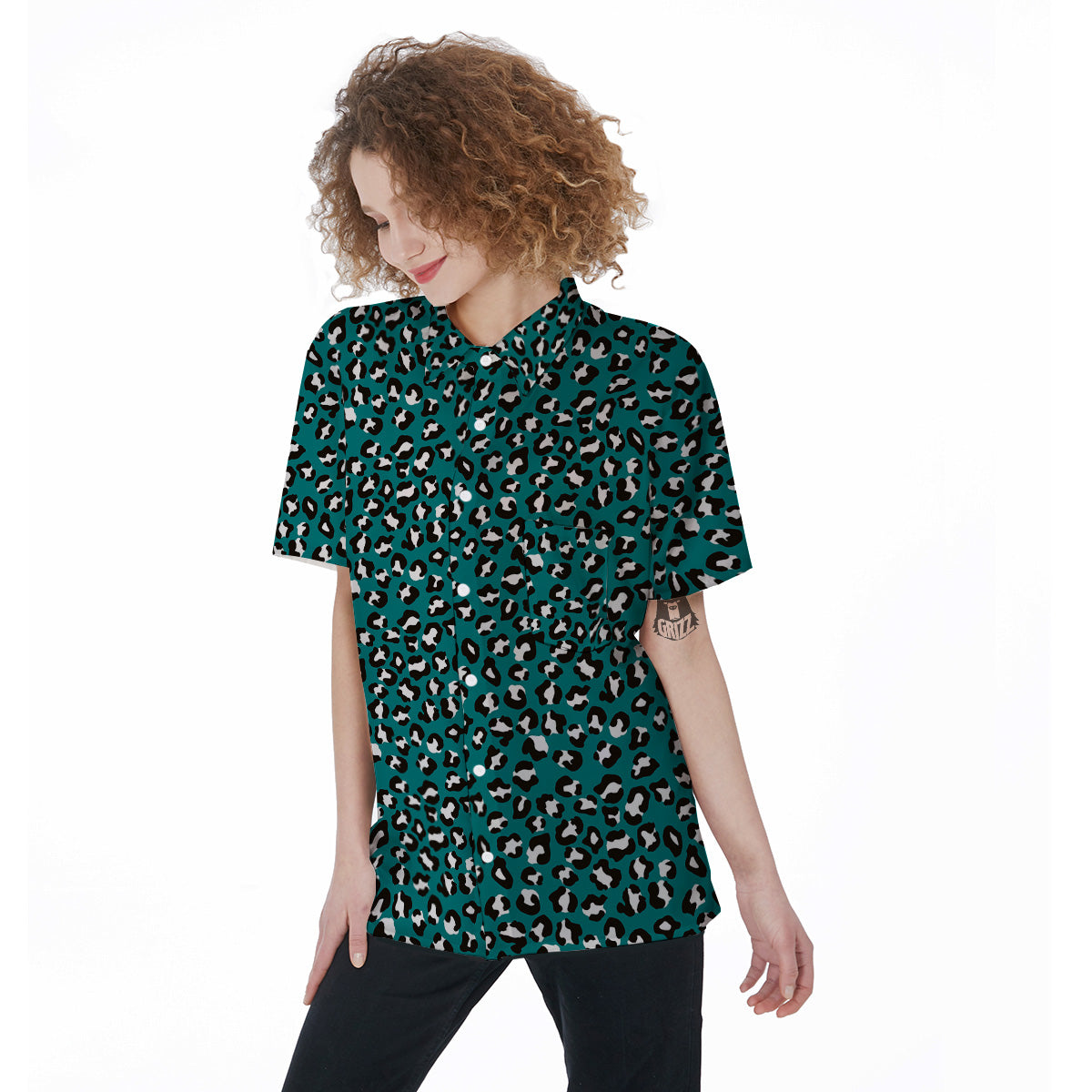 Teal Leopard Print Pattern Women's Short Sleeve Shirts-grizzshop