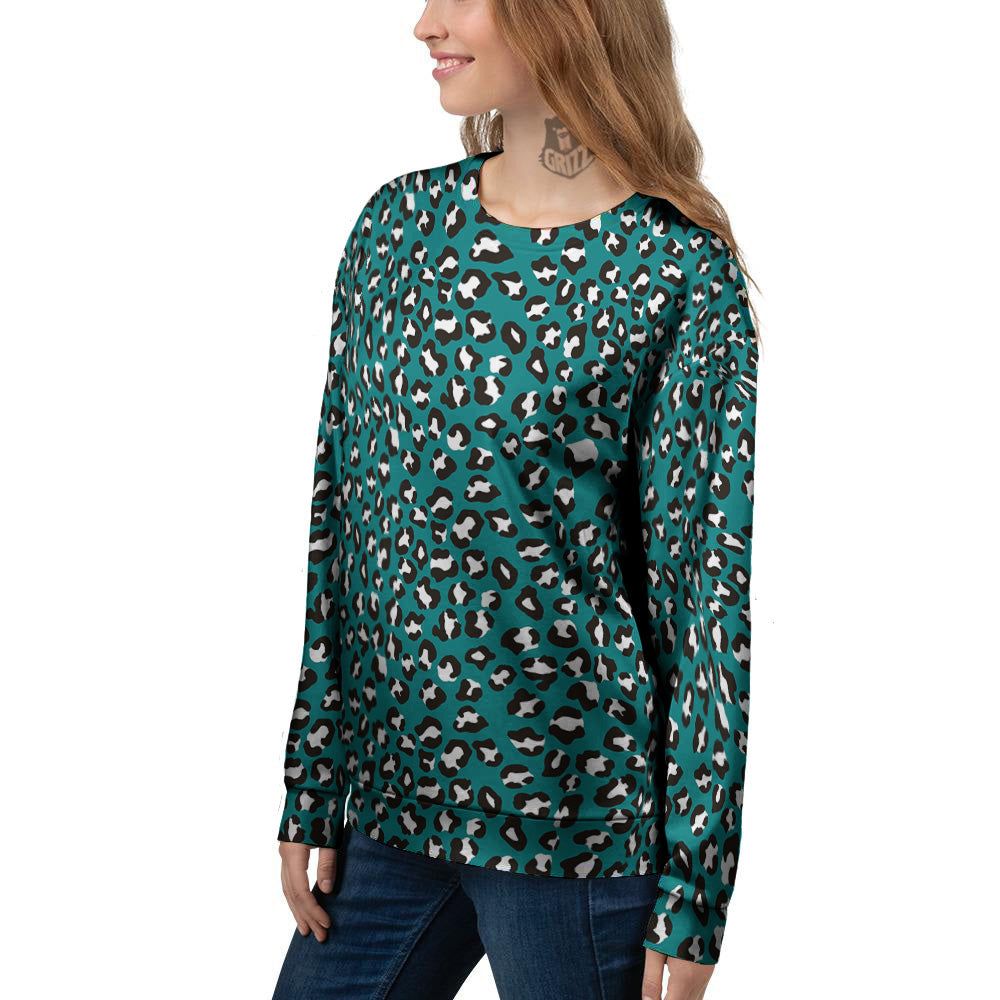 Teal Leopard Print Pattern Women's Sweatshirt-grizzshop