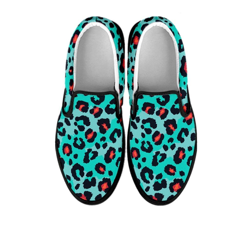 Teal Leopard Women's Slip On Sneakers-grizzshop