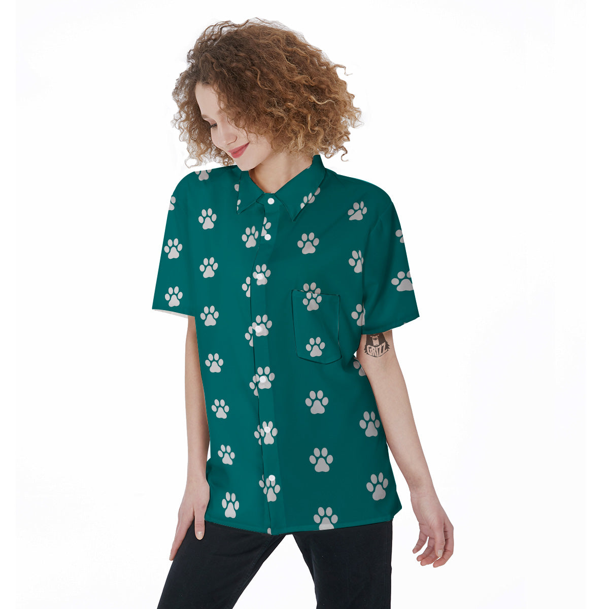 Teal Paw Print Women's Short Sleeve Shirts-grizzshop