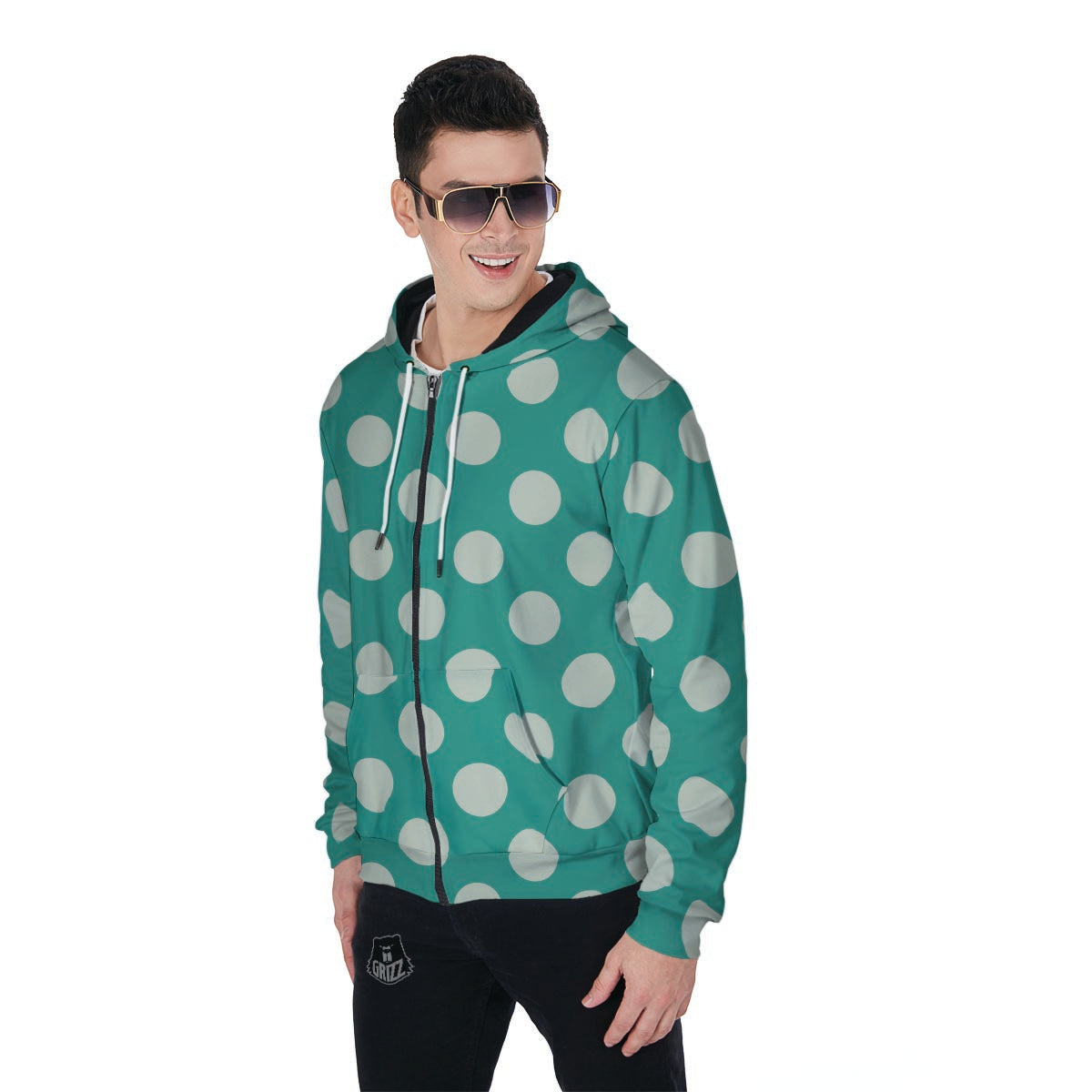 Teal Polka Dot Men's Zip Up Hoodie-grizzshop