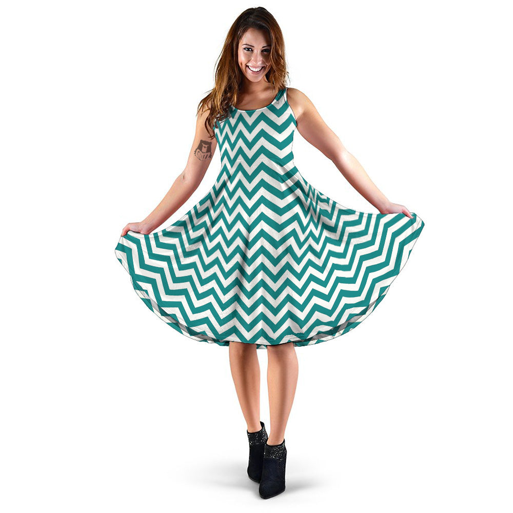 Teal Zigzag Print Pattern Dress-grizzshop