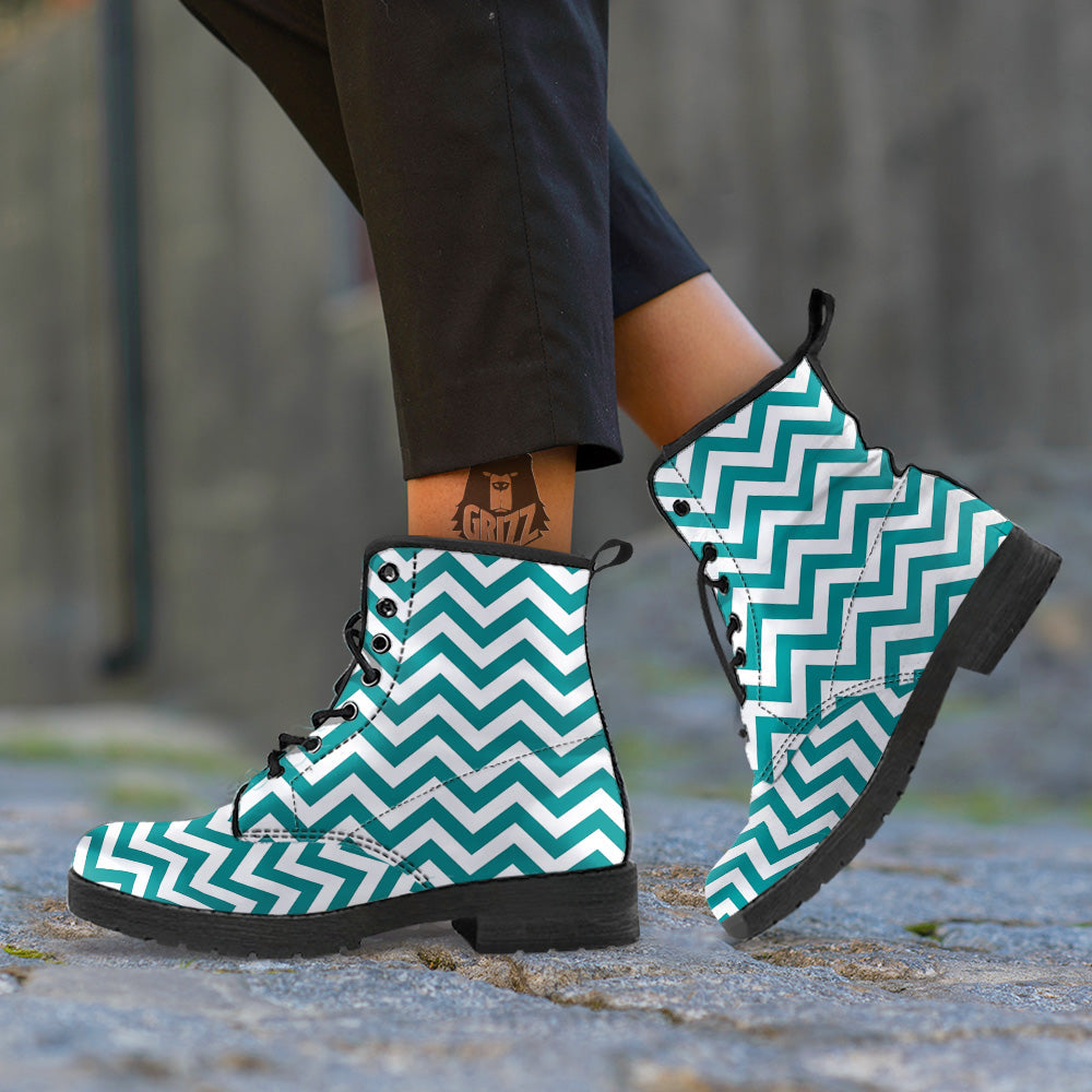 Teal Zigzag Print Pattern Leather Boots-grizzshop