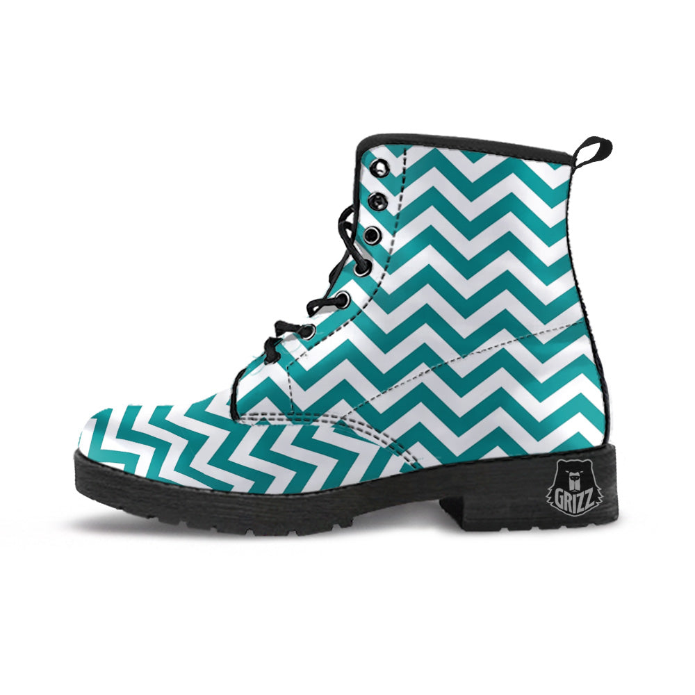 Teal Zigzag Print Pattern Leather Boots-grizzshop