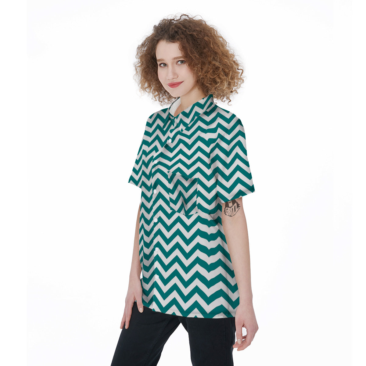 Teal Zigzag Print Pattern Women's Short Sleeve Shirts-grizzshop