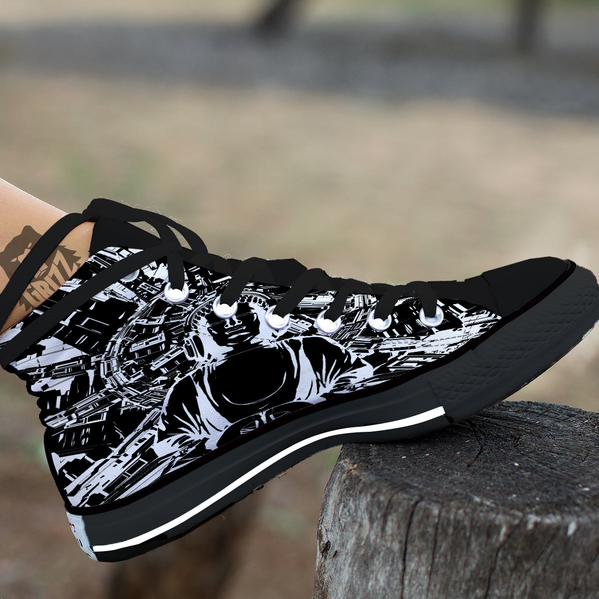Technical Buddha Black And White Print Black High Top Shoes-grizzshop