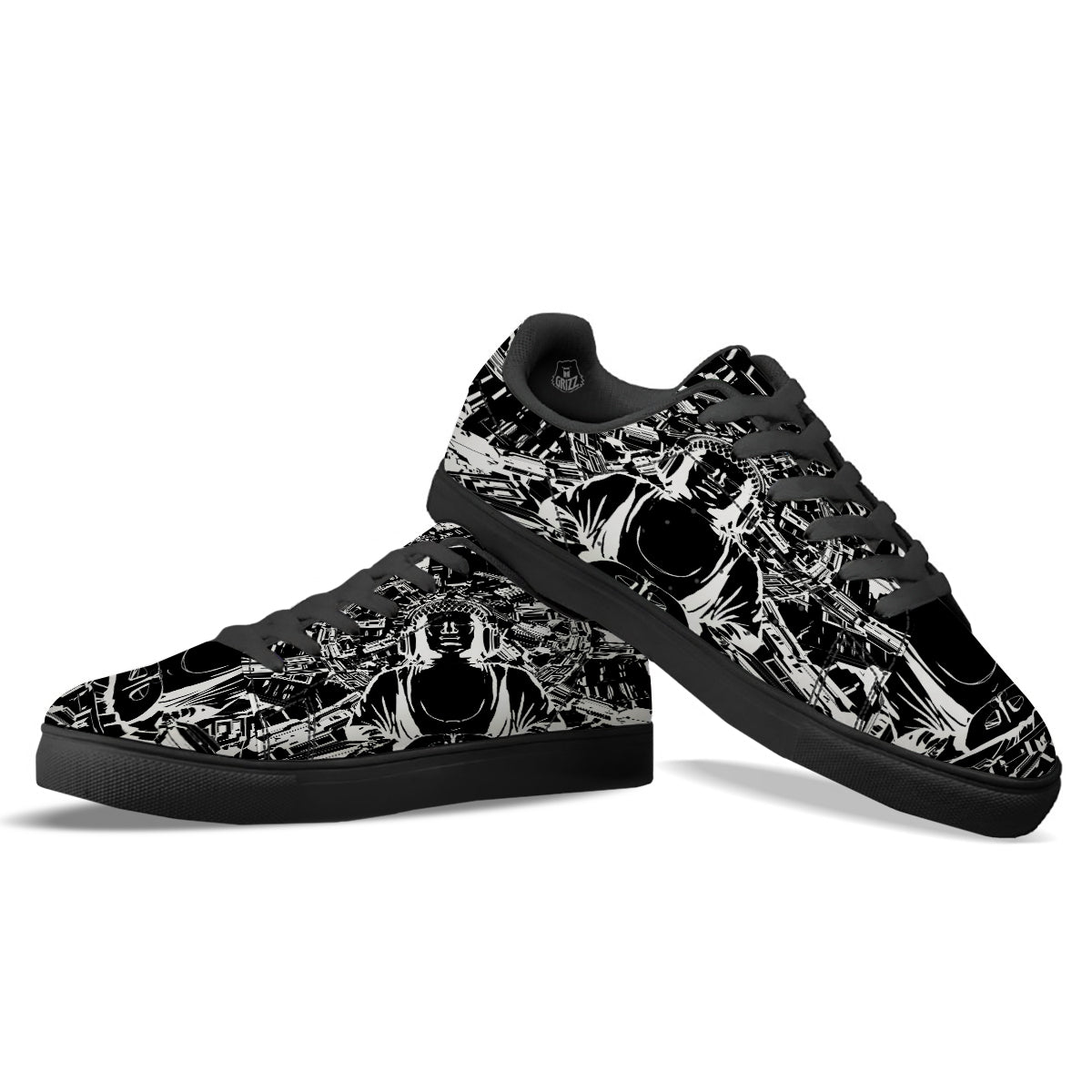 Technical Buddha Black And White Print Black Low Top Sneakers-grizzshop