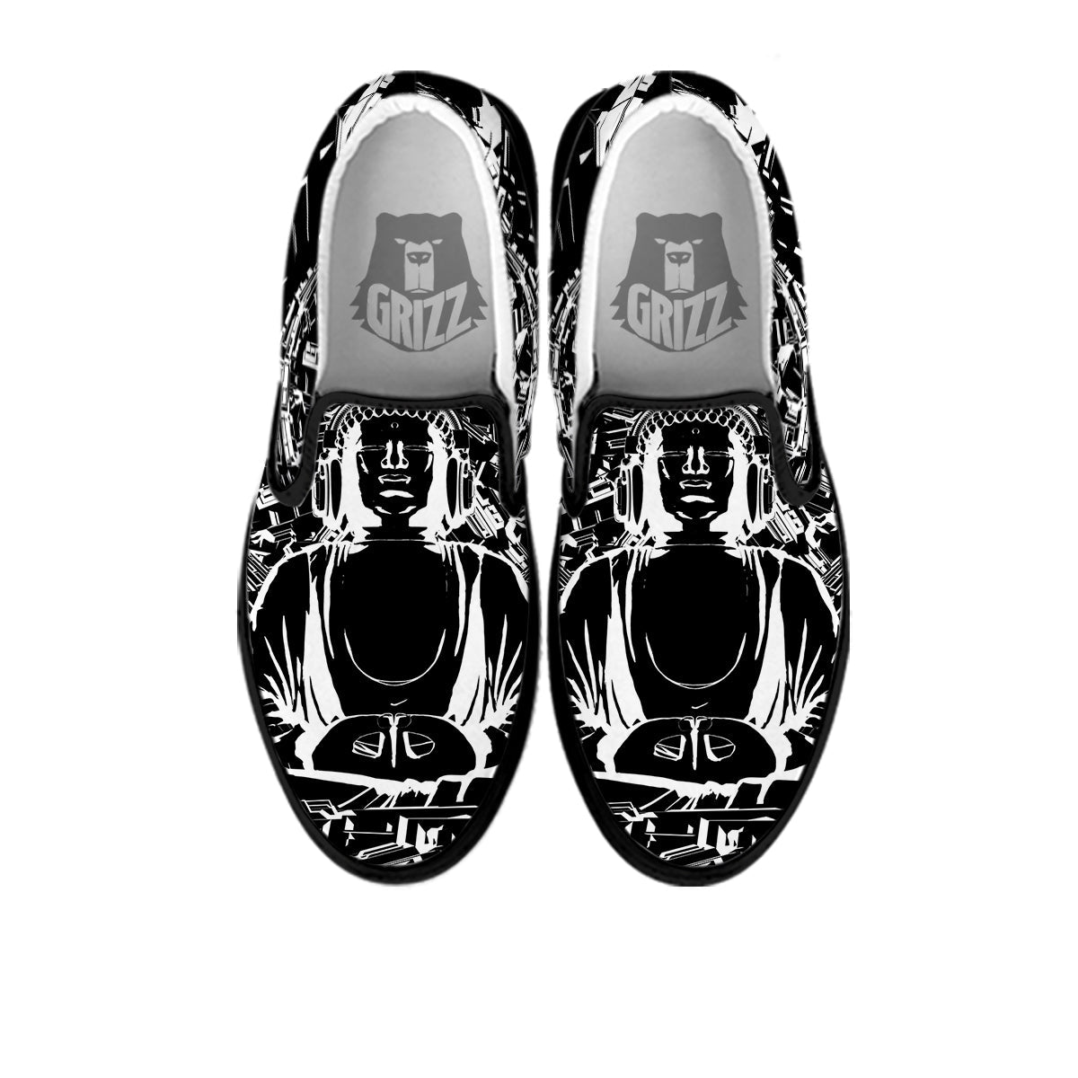 Technical Buddha Black And White Print Black Slip On Shoes-grizzshop