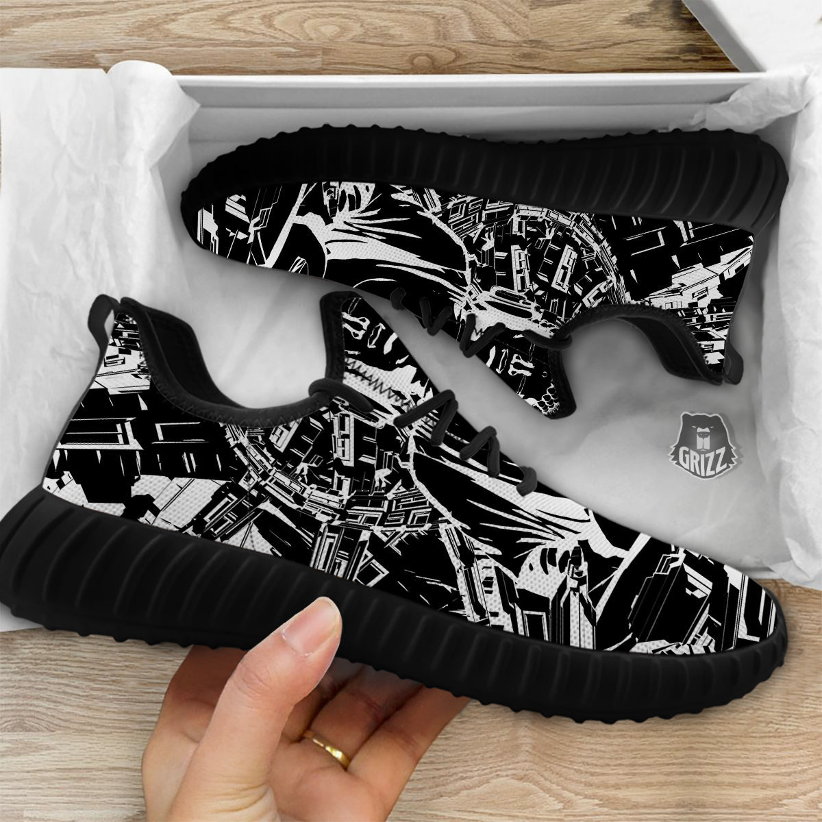 Technical Buddha Black And White Print Black Walking Shoes-grizzshop