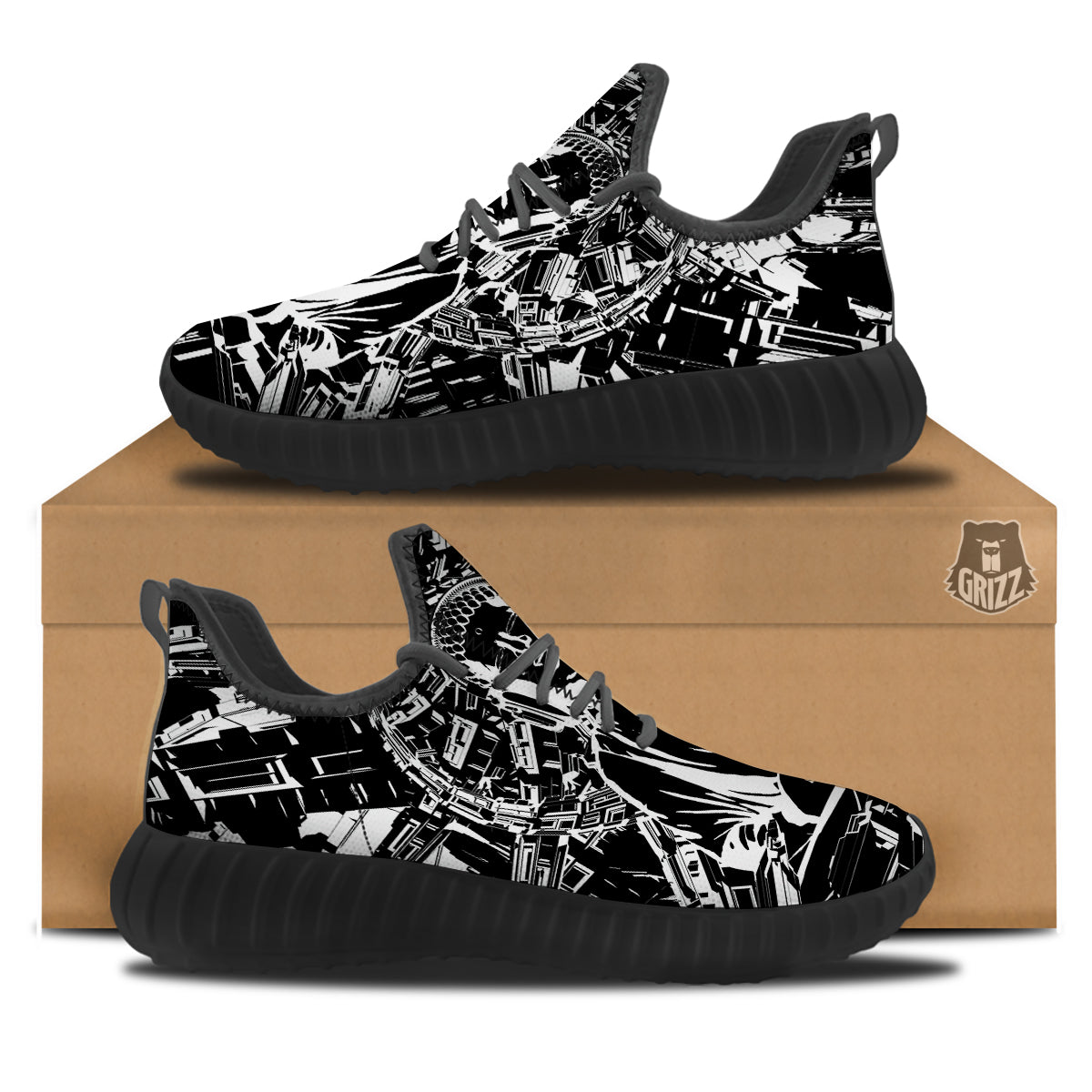 Technical Buddha Black And White Print Black Walking Shoes-grizzshop