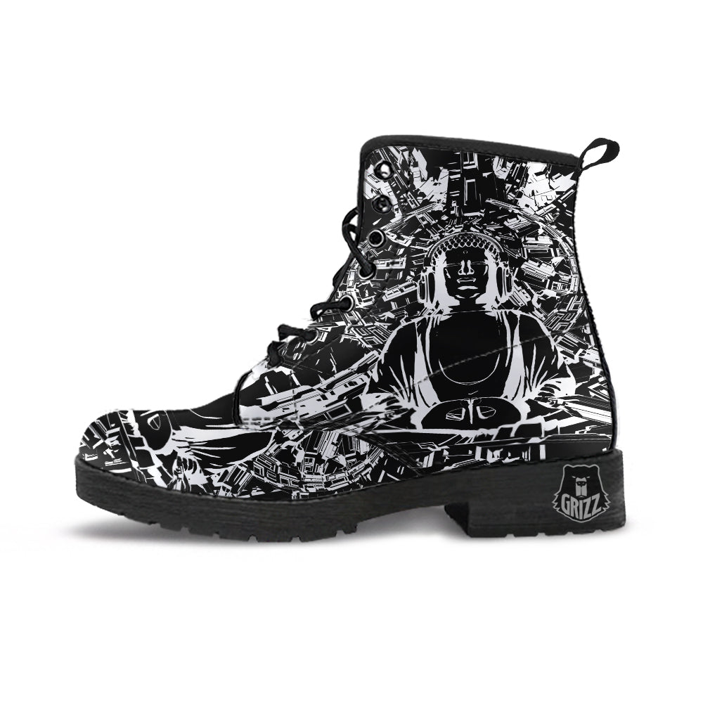 Technical Buddha Black And White Print Leather Boots-grizzshop