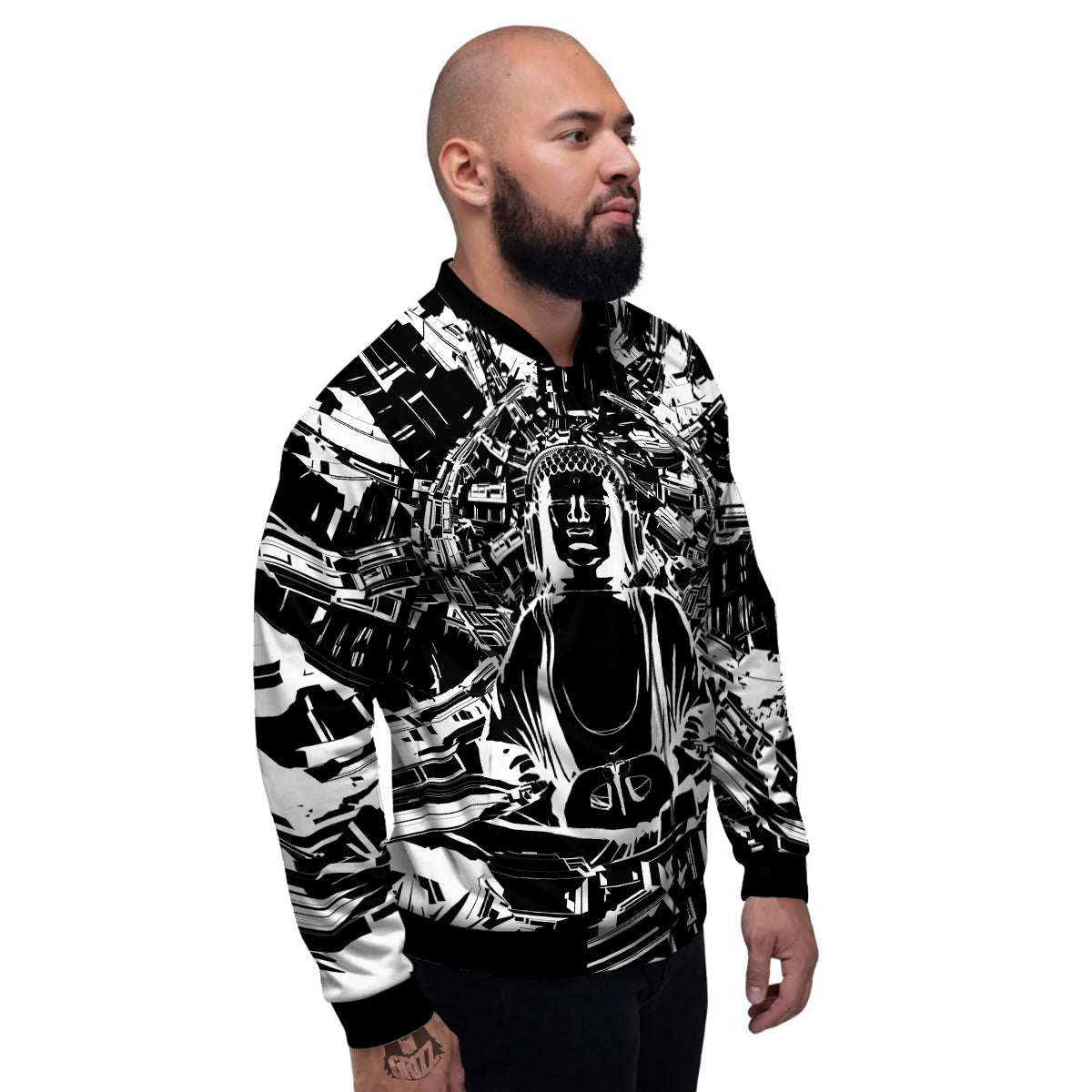 Technical Buddha Black And White Print Men's Bomber Jacket-grizzshop