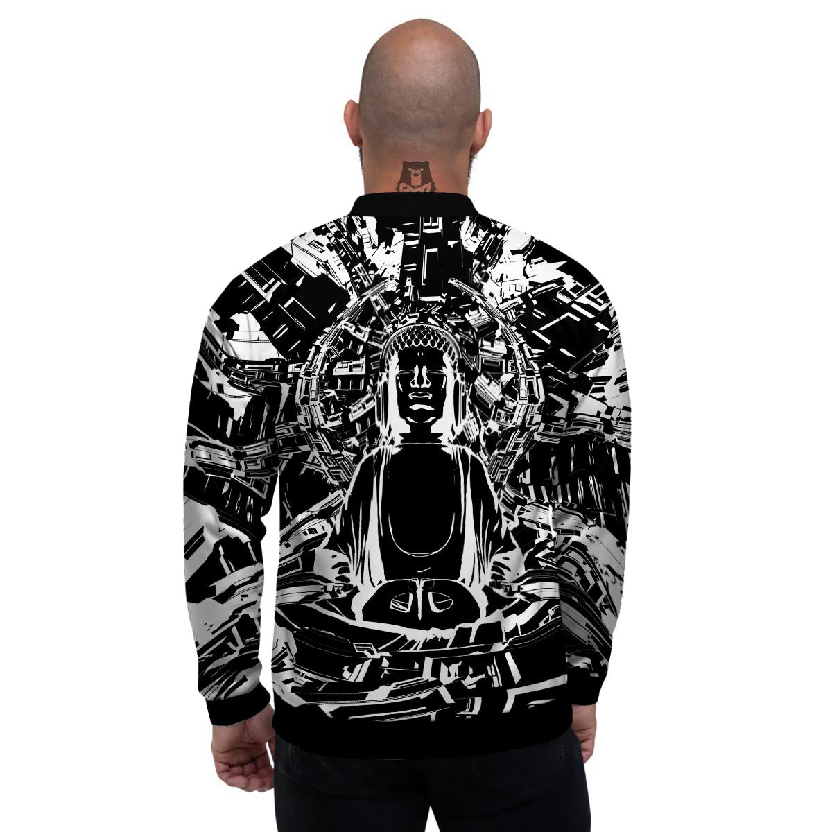 Technical Buddha Black And White Print Men's Bomber Jacket-grizzshop