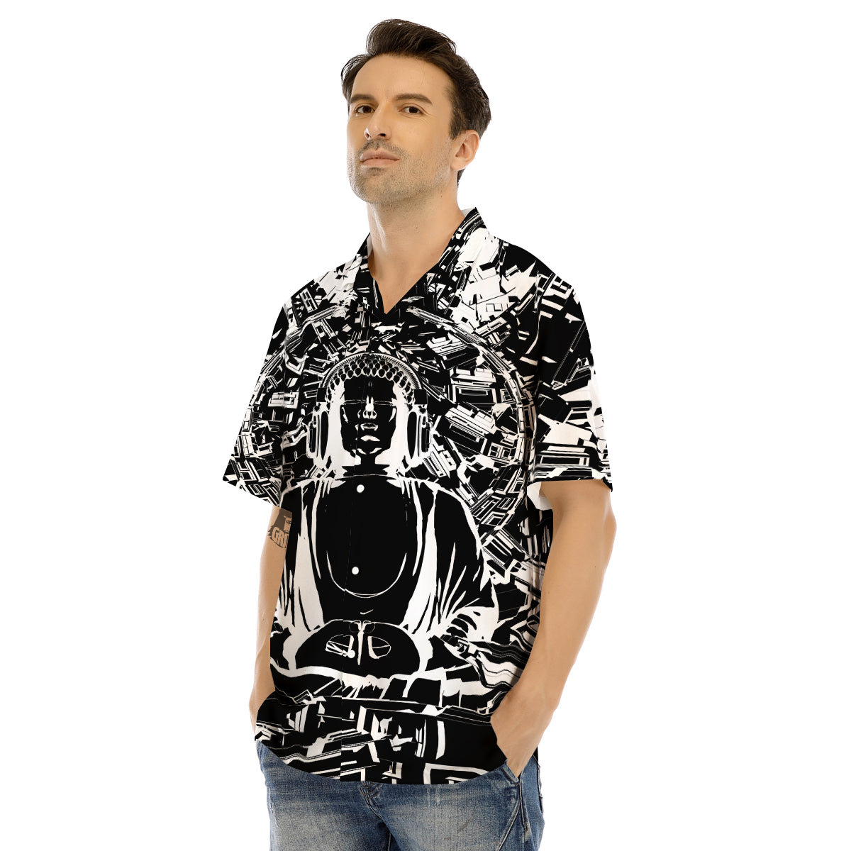 Technical Buddha Black And White Print Men's Hawaiian Shirt-grizzshop