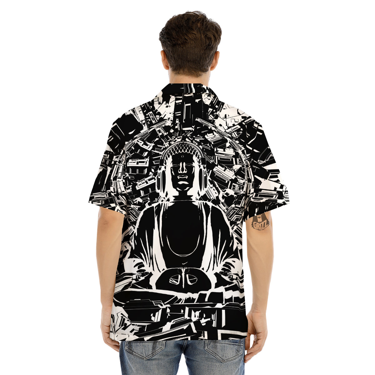 Technical Buddha Black And White Print Men's Hawaiian Shirt-grizzshop