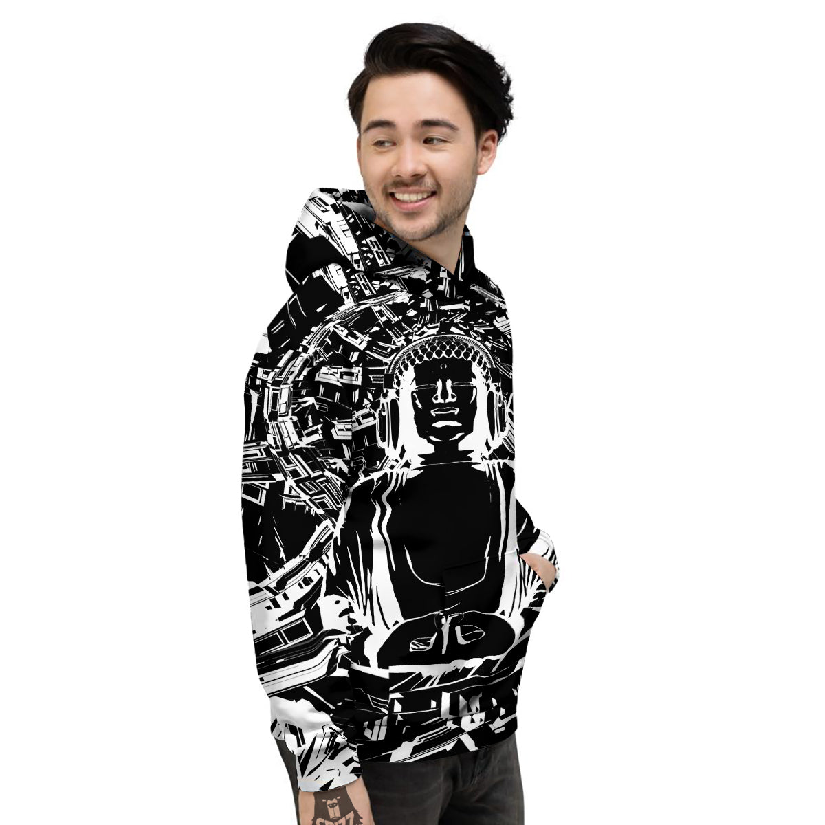 Technical Buddha Black And White Print Men's Hoodie-grizzshop