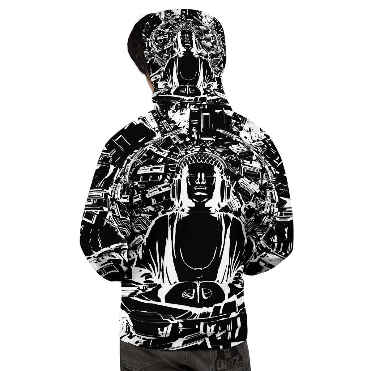 Technical Buddha Black And White Print Men's Hoodie-grizzshop