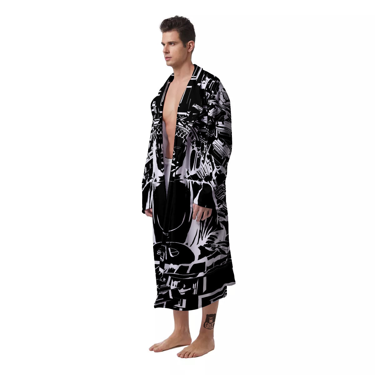 Technical Buddha Black And White Print Men's Robe-grizzshop