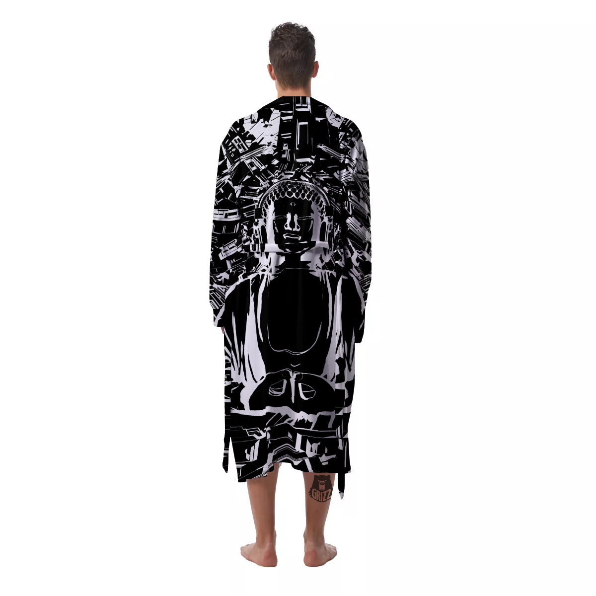 Technical Buddha Black And White Print Men's Robe-grizzshop