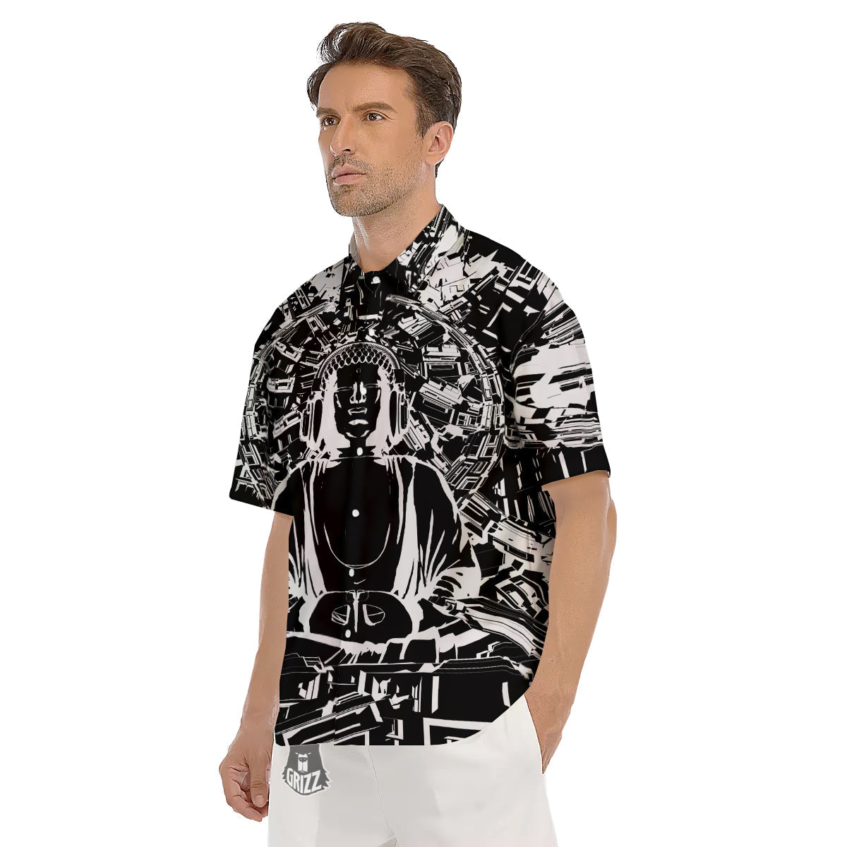 Technical Buddha Black And White Print Men's Short Sleeve Shirts-grizzshop
