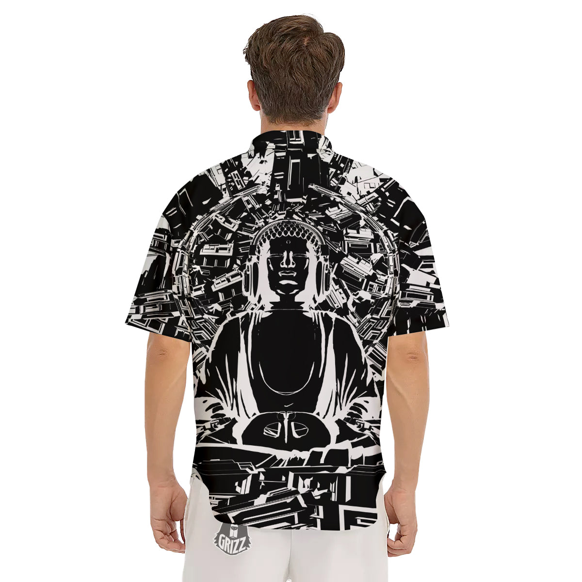 Technical Buddha Black And White Print Men's Short Sleeve Shirts-grizzshop