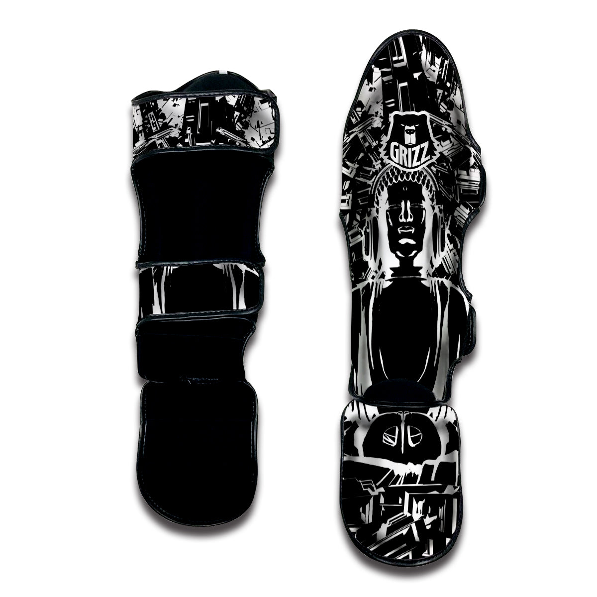Technical Buddha Black And White Print Muay Thai Shin Guards-grizzshop