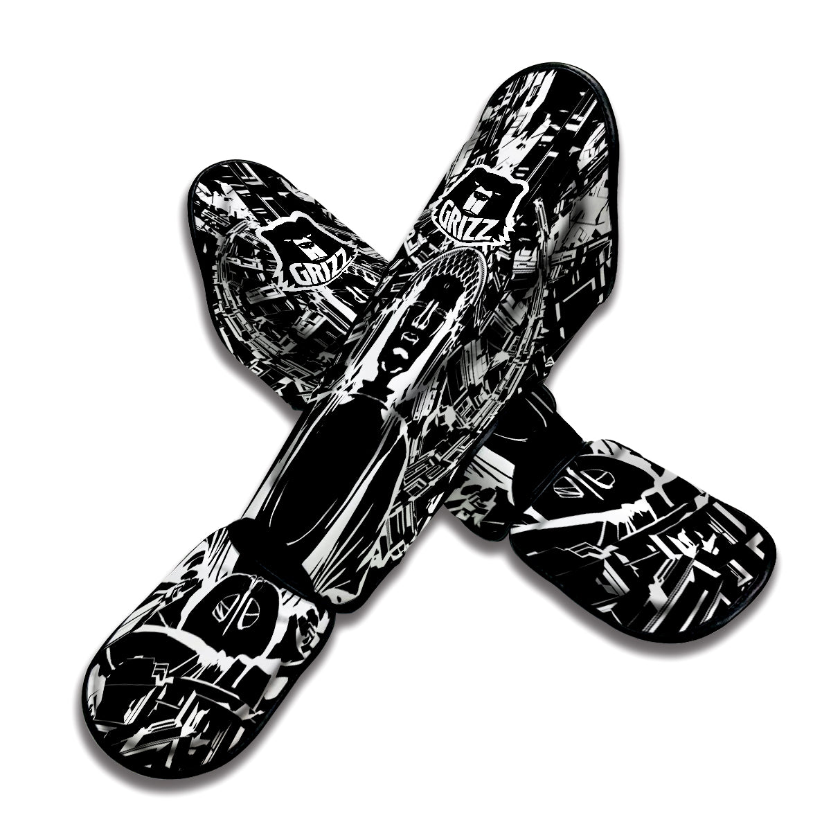 Technical Buddha Black And White Print Muay Thai Shin Guards-grizzshop