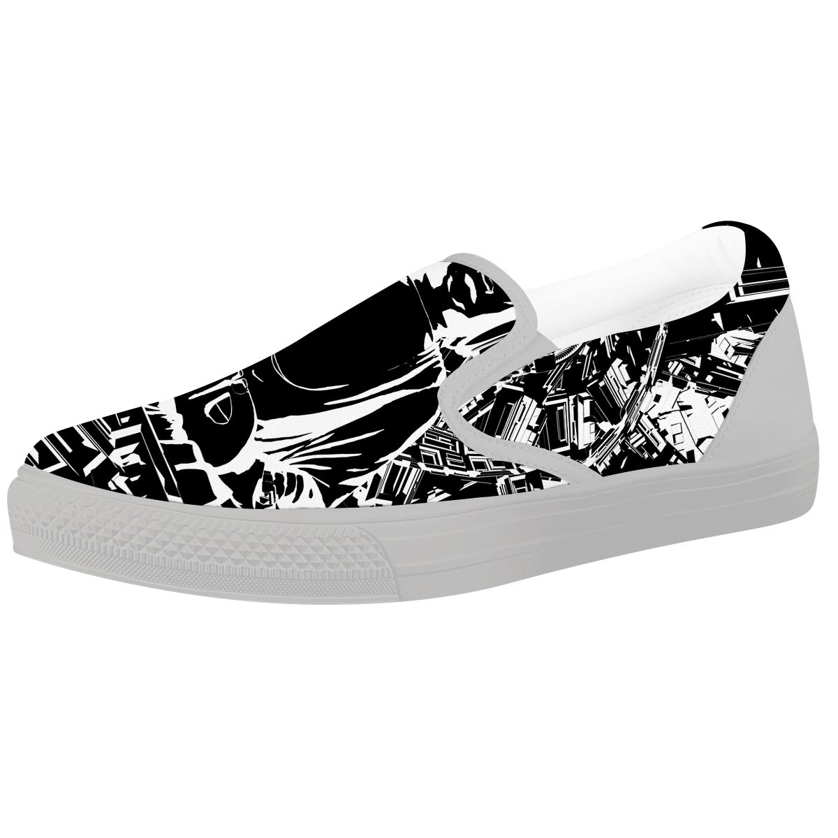 Technical Buddha Black And White Print White Slip On Shoes-grizzshop