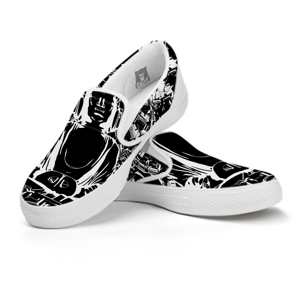 Technical Buddha Black And White Print White Slip On Shoes-grizzshop