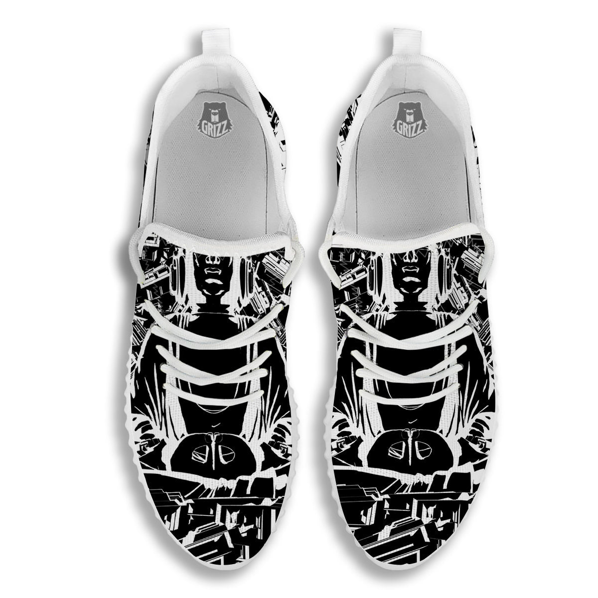 Technical Buddha Black And White Print White Walking Shoes-grizzshop