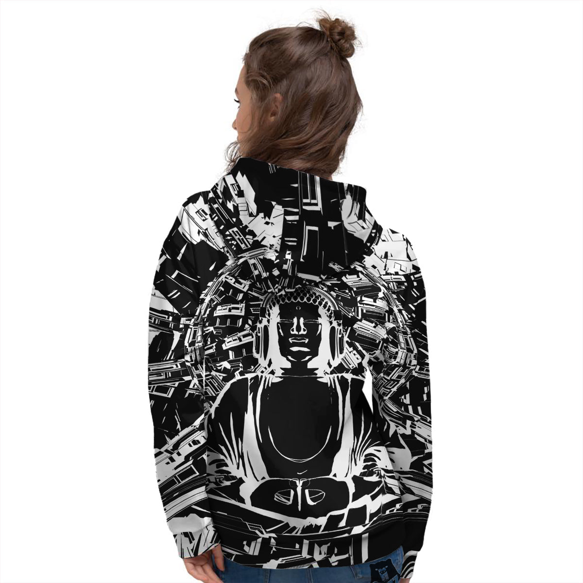 Technical Buddha Black And White Print Women's Hoodie-grizzshop