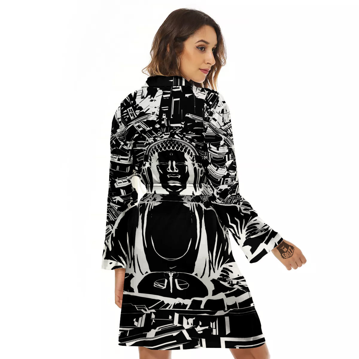Technical Buddha Black And White Print Women's Robe-grizzshop
