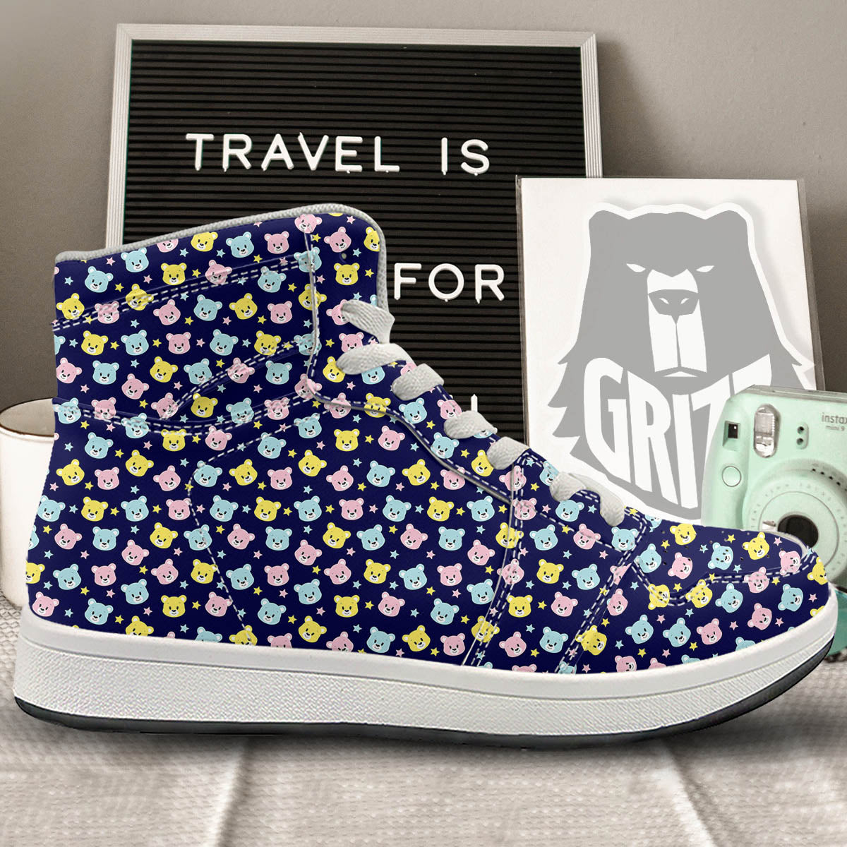 Teddy Bear Cartoon Print Pattern High Top Sneakers-grizzshop