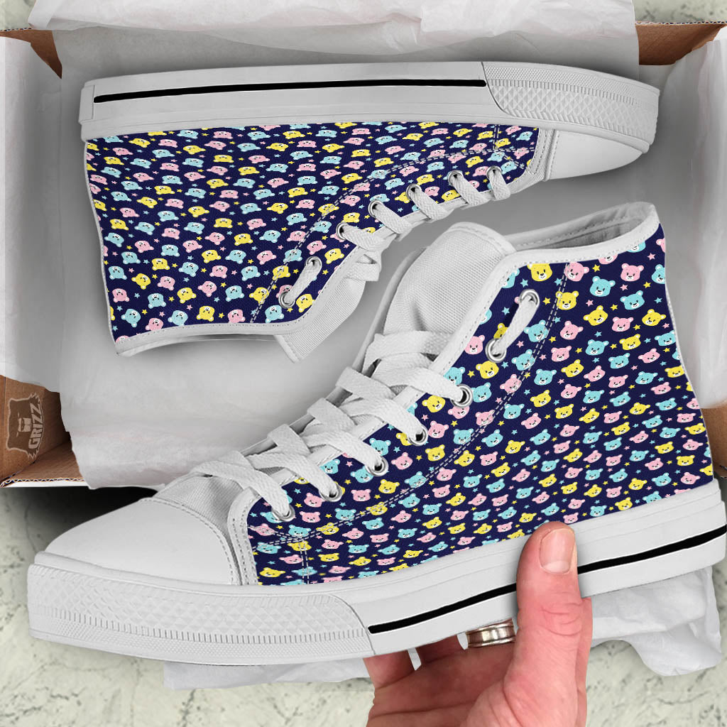 Teddy Bear Cartoon Print Pattern White High Top Shoes-grizzshop