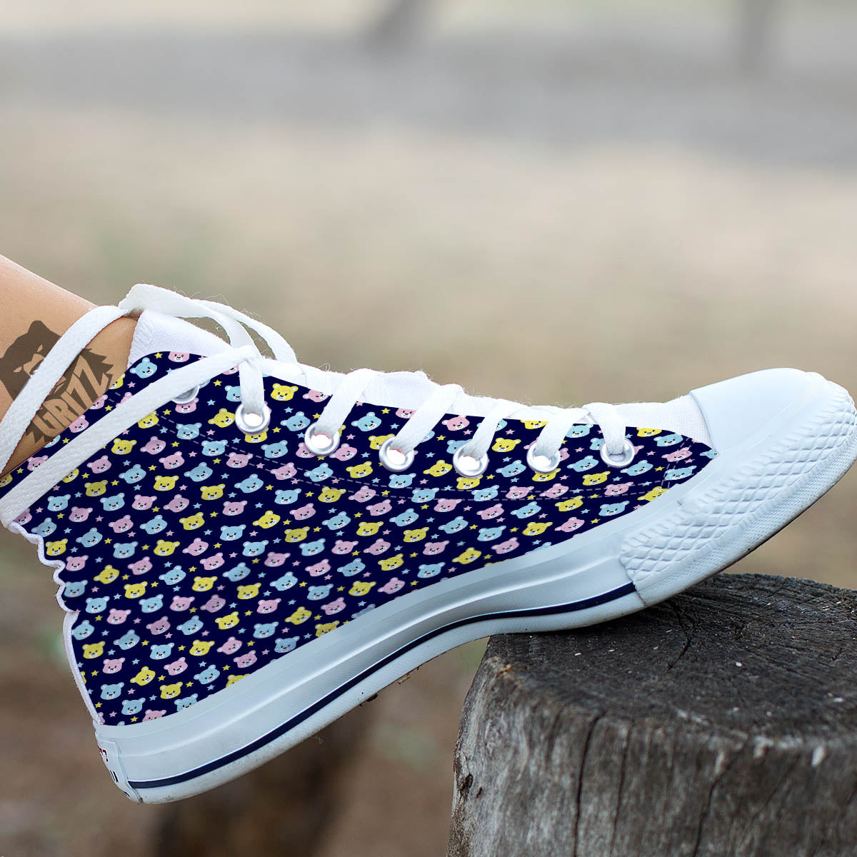 Teddy Bear Cartoon Print Pattern White High Top Shoes-grizzshop