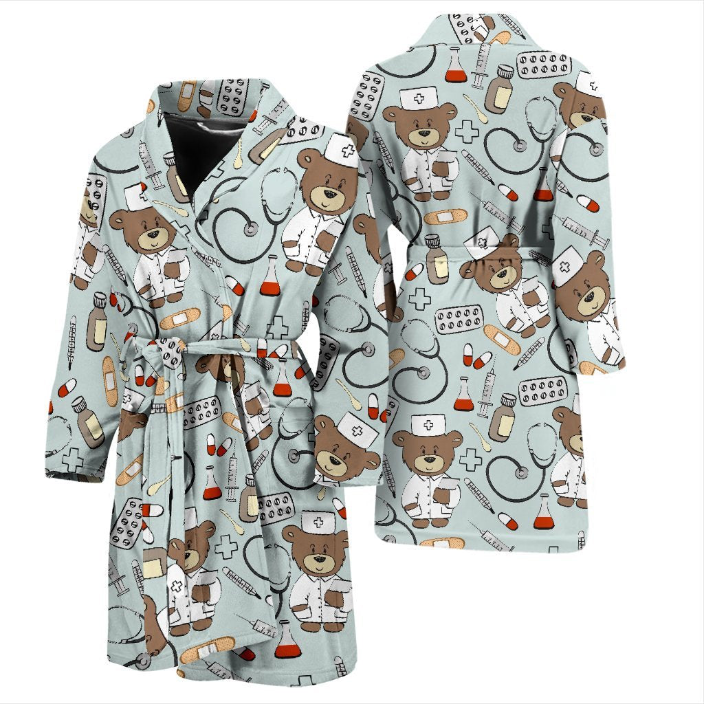 Teddy Bear Nurse Pattern Print Men Long Robe-grizzshop