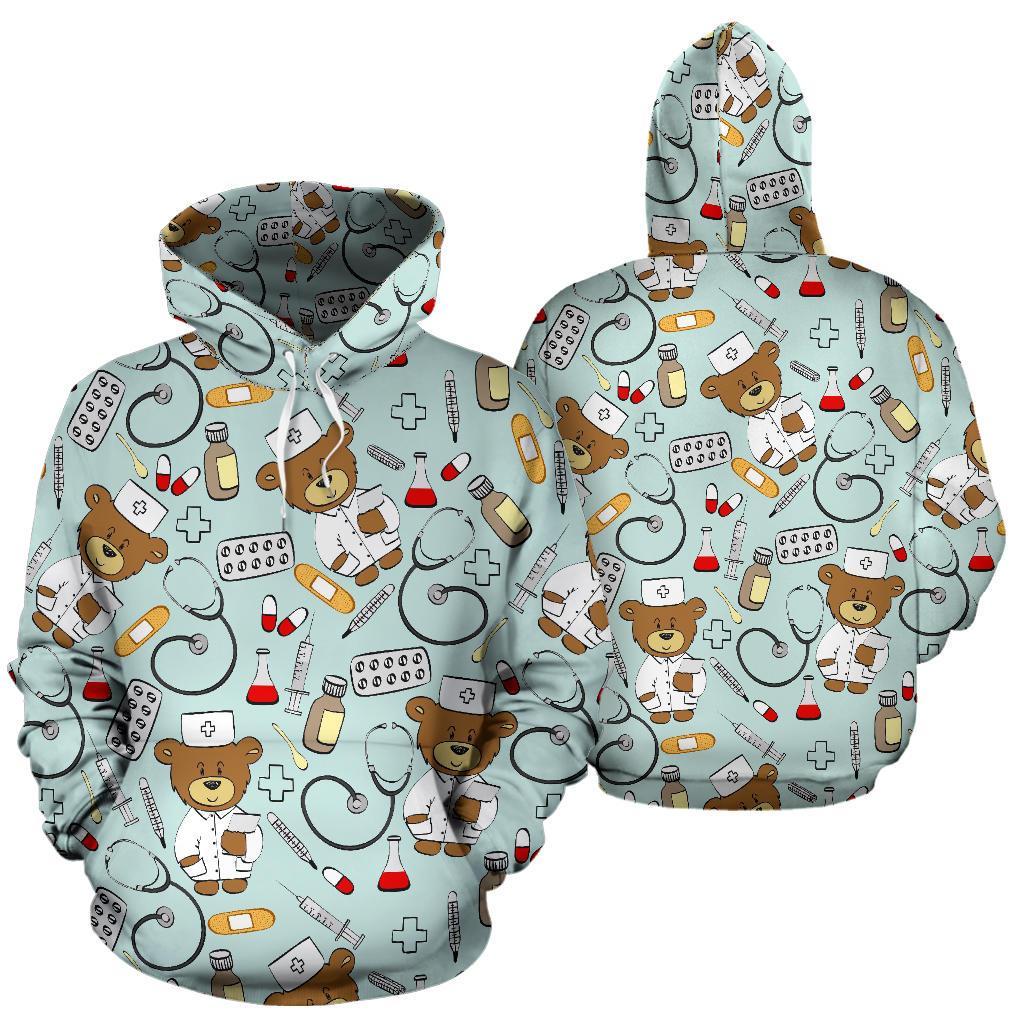 Teddy Bear Nurse Pattern Print Men Women Pullover Hoodie-grizzshop