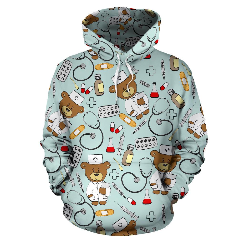 Teddy Bear Nurse Pattern Print Men Women Pullover Hoodie-grizzshop