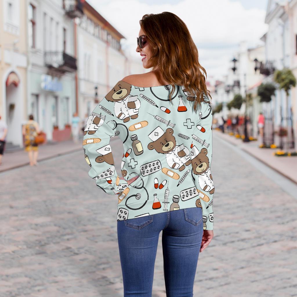 Teddy Bear Nurse Pattern Print Women Off Shoulder Sweatshirt-grizzshop
