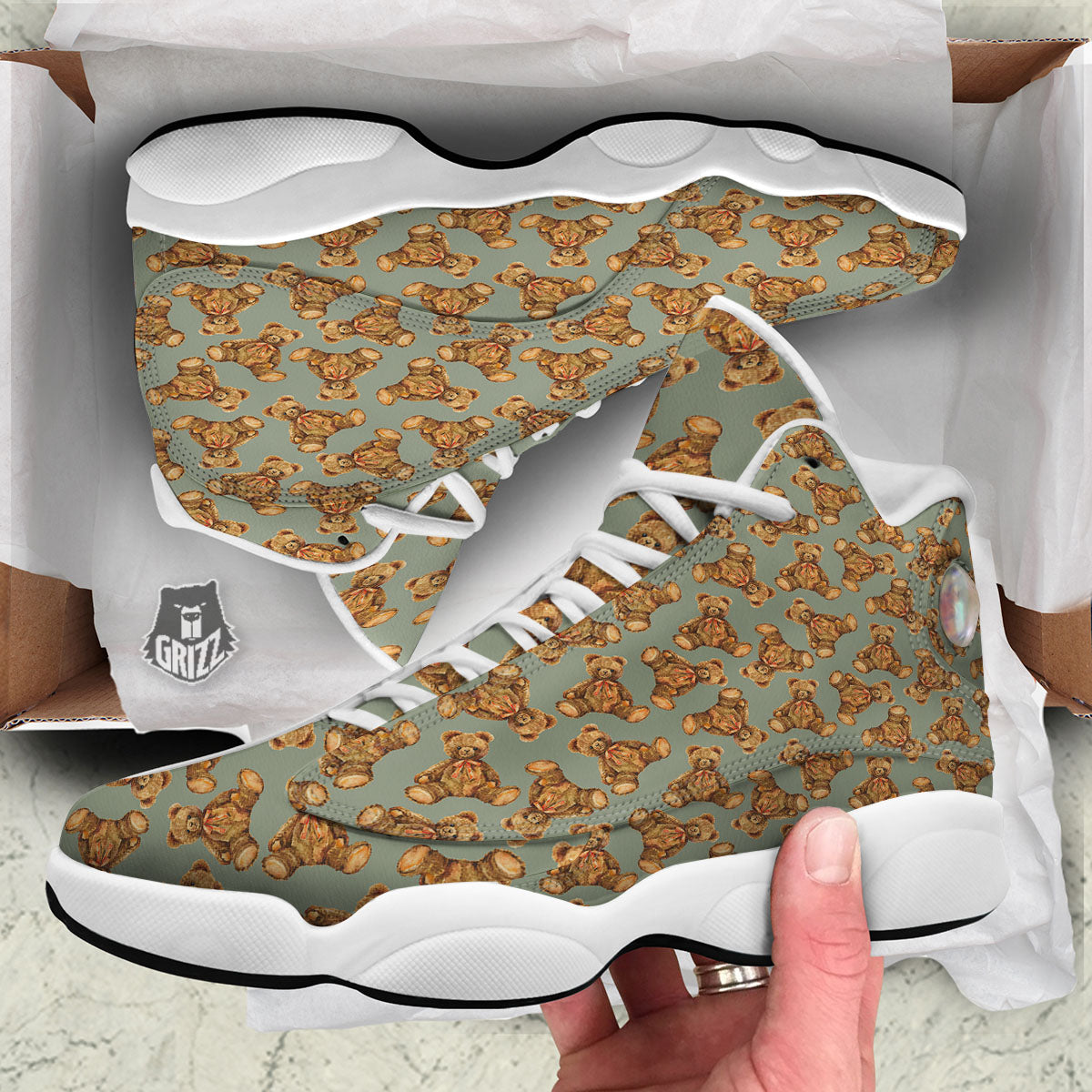 Teddy Bear Watercolor Print Pattern White Basketball Shoes-grizzshop