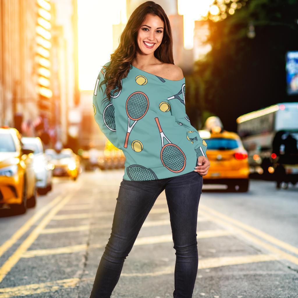 Tennis Print Pattern Women Off Shoulder Sweatshirt-grizzshop