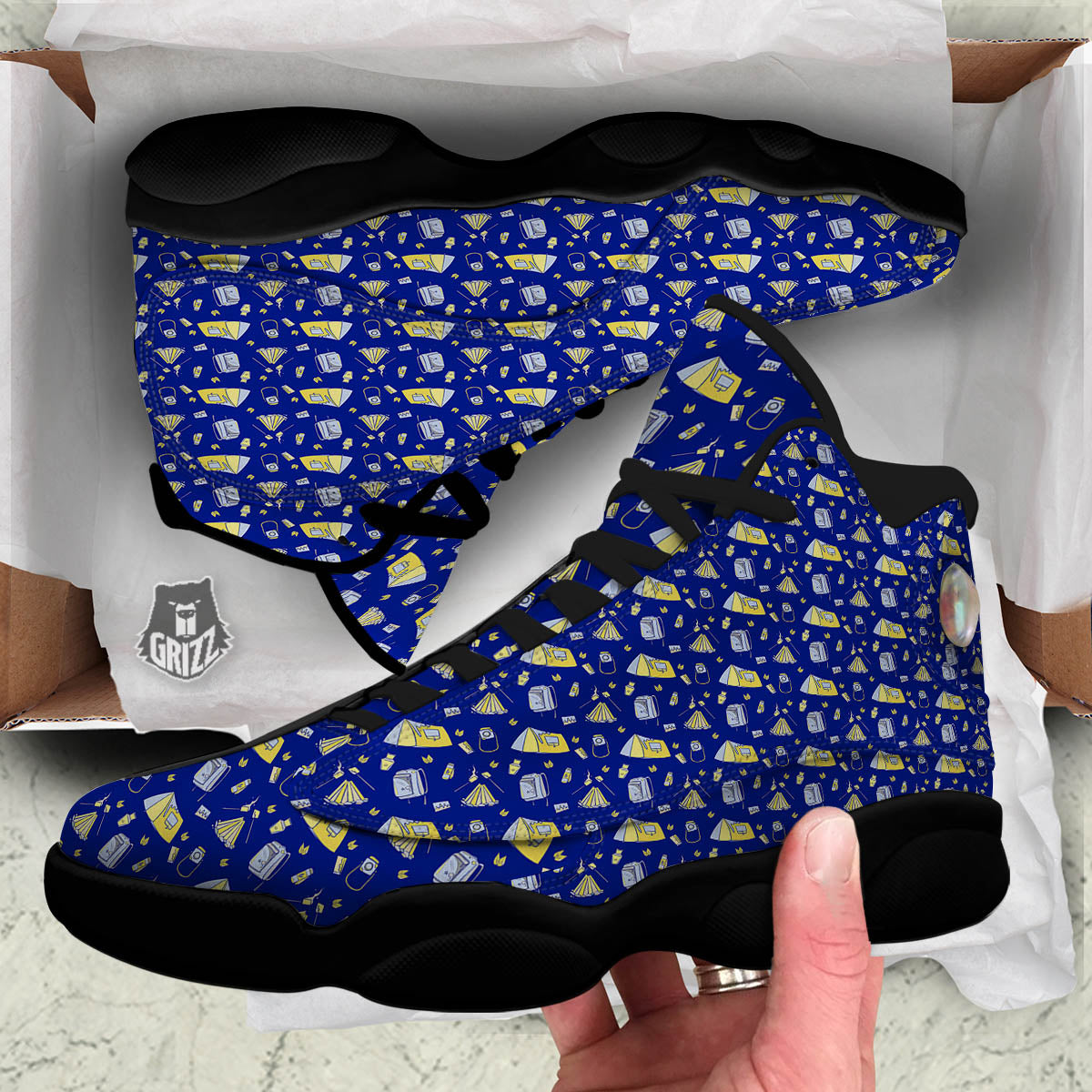 Tent Camping Print Pattern Black Basketball Shoes-grizzshop