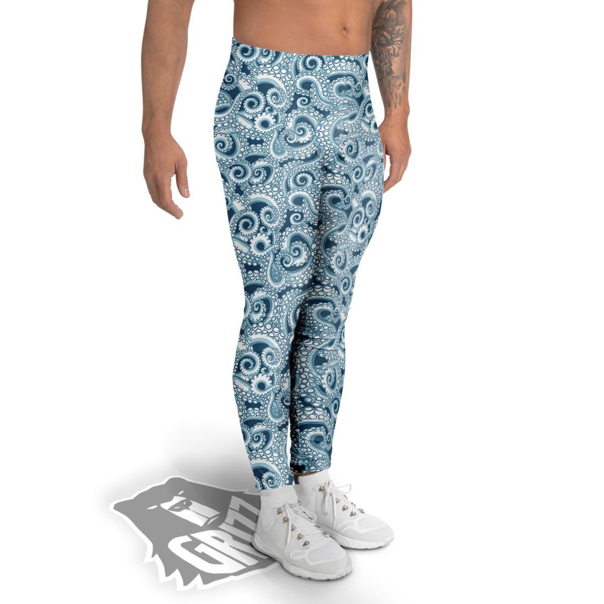 Tentacles Octopus Blue Print Pattern Men's Leggings-grizzshop