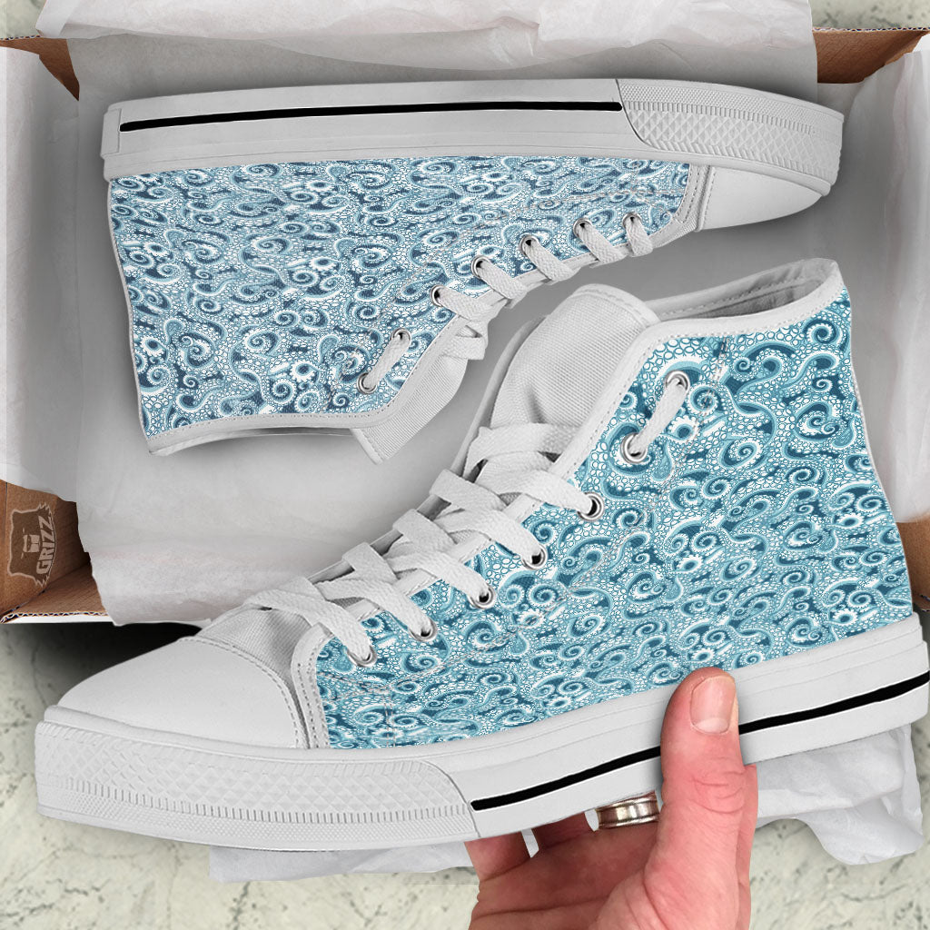 Tentacles Octopus Blue Print Pattern White High Top Shoes-grizzshop