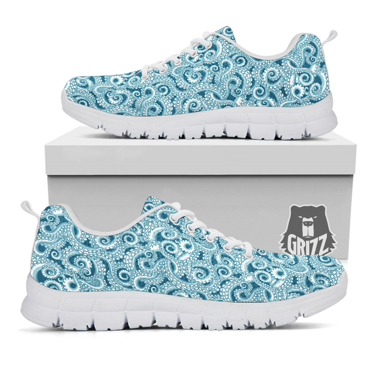 Tentacles Octopus Blue Print Pattern White Sneaker-grizzshop